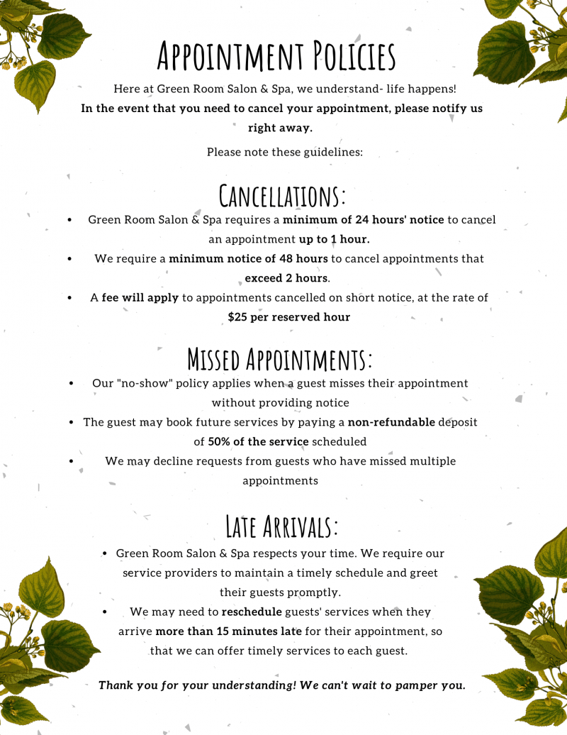 Salon and Spa Cancellation Policy Valley Wellness Center